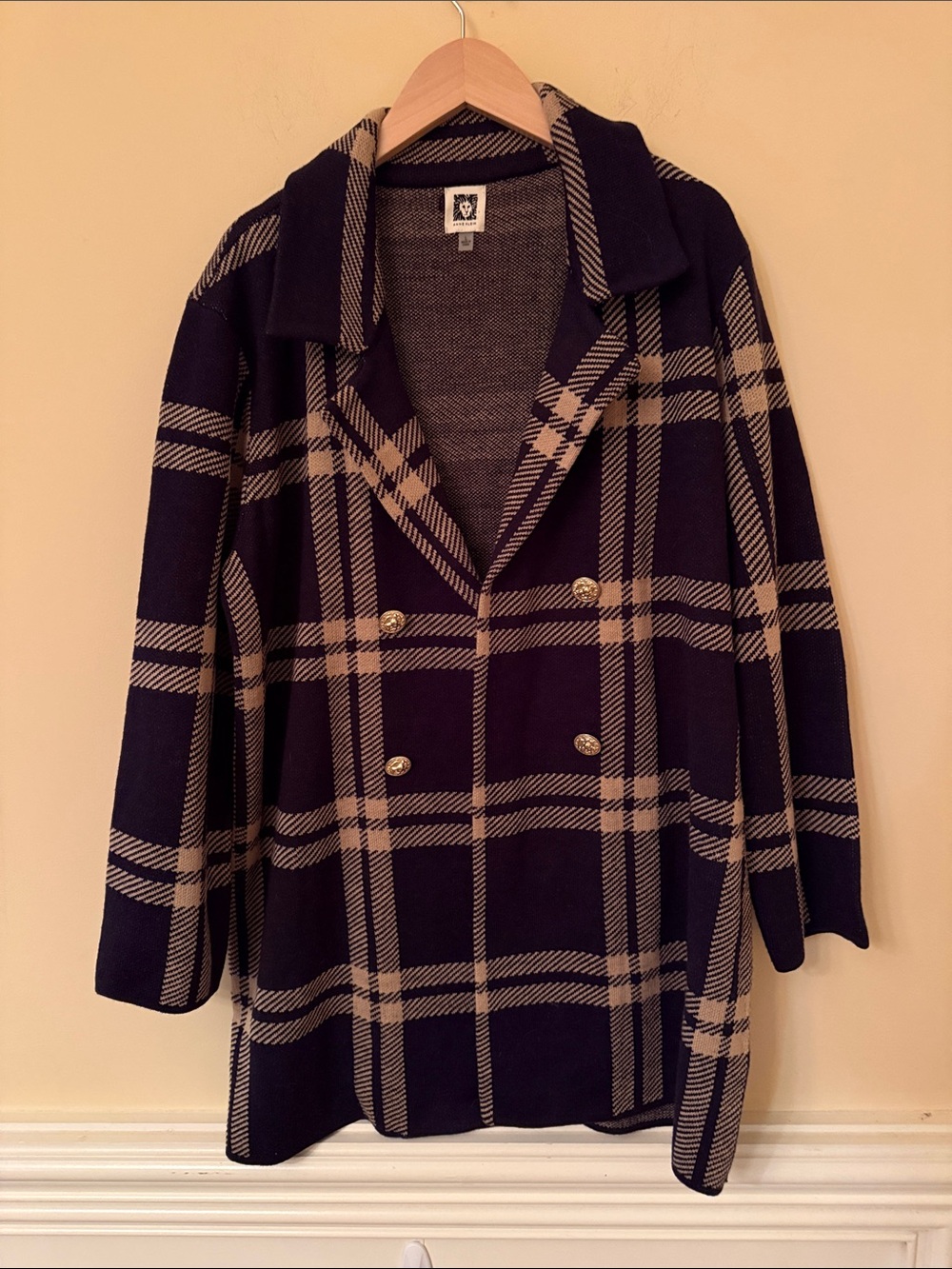 Anne Klein Black‎ and Tan Plaid Double-Breasted Soft Cardigan Coat Size Large